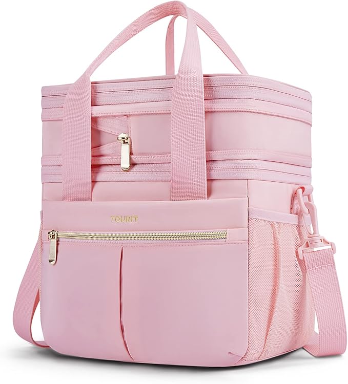 TOURIT Insulated Lunch Box Bag, Double Deck Leakproof Cooler Tote for Work Office Picnic, Expandable Lunch Container, Pink