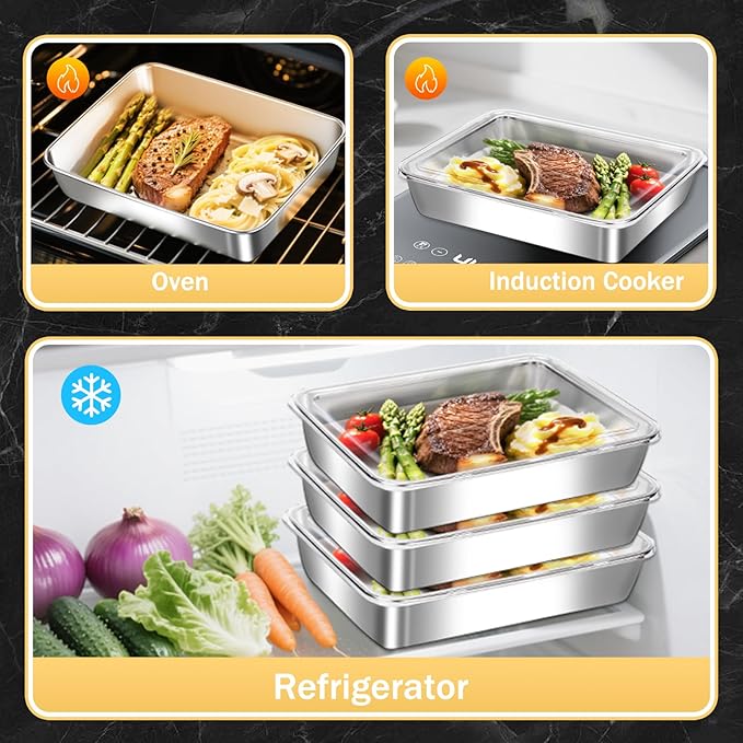 4 Pcs Stainless Steel Food Containers with Clear Lids, Stackable Snack Storage Boxes, Deli Meat Keeper for Refrigerator or Picnic, BBQ Party, Office, Gym Lunch