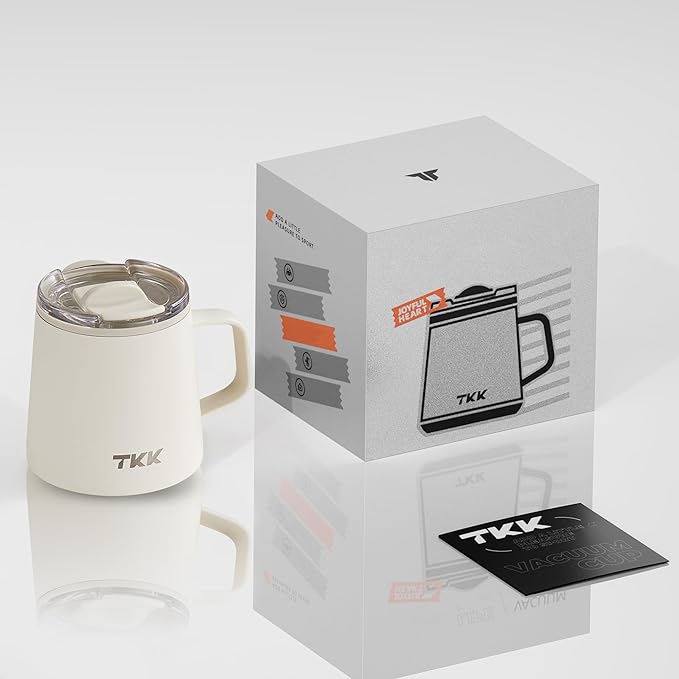 TKK 12 oz Insulated Coffee Mug with Handle Ceramic Coating Detachable Slider Lid Stainless Steel Tumbler Double Wall Vacuum Travel Cup