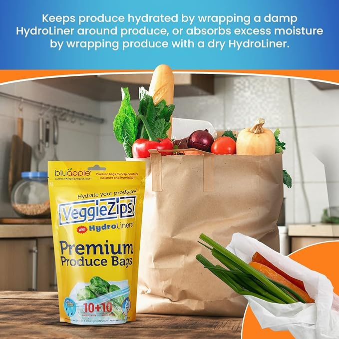Bluapple VeggieZips Premium Produce Storage System - 40 Piece Set, 20 Food Saver Bags + 20 HydroLiners, Keep Produce Fresh Longer, Washable & Reusable Bags with Humidity Control for Fruit & Vegetables