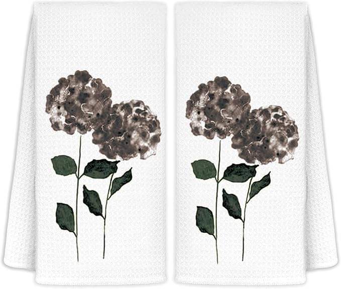 Black Hydrangea Flowers Floral Kitchen Towels Set of 2, Hydrangea Decorative Hand Towels for Bathroom Decor Dish Towels for Kitchen, Black and White Towels, Hydrangea Gifts, 16x24 inch