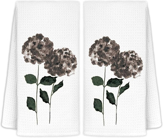 Black Hydrangea Flowers Floral Kitchen Towels Set of 2, Hydrangea Decorative Hand Towels for Bathroom Decor Dish Towels for Kitchen, Black and White Towels, Hydrangea Gifts, 16x24 inch