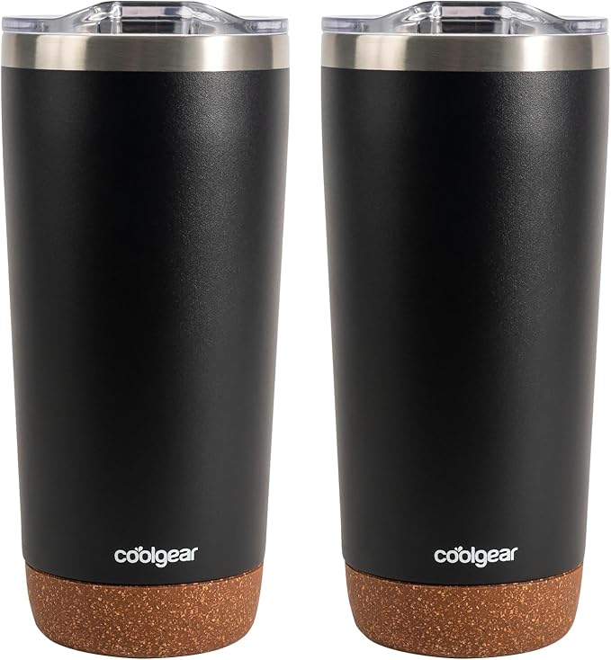 COOL GEAR Cork Bottom Coffee Mug Tumbler - American Designed - Stainless Steel - Dishwasher Safe - Copper Lined - BPA-Free Lid - 2 Pack - 16oz - Ebony