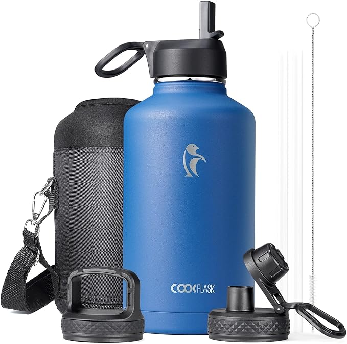 Water Bottle Insulated 64 oz with Straw & 3 Lids, Coolflask Half Gallon Water Jug Large Metal Stainless Steel Wide Mouth for Sports, Gym or Office, Non-BPA Keep Cold 48H Hot 24H, King's Blue