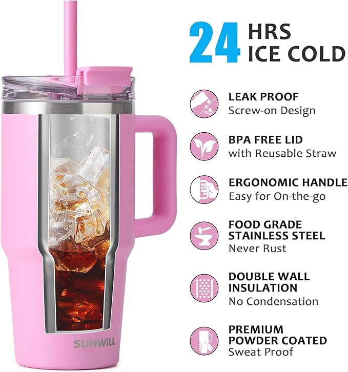 SUNWILL Travel Coffee Mug with Lid, 20 oz Tumbler with Handle and Straw Leak Proof, Stainless Steel Cup Insulated for Office & Gym, Cupholder Friendly, Powder Coated Pink