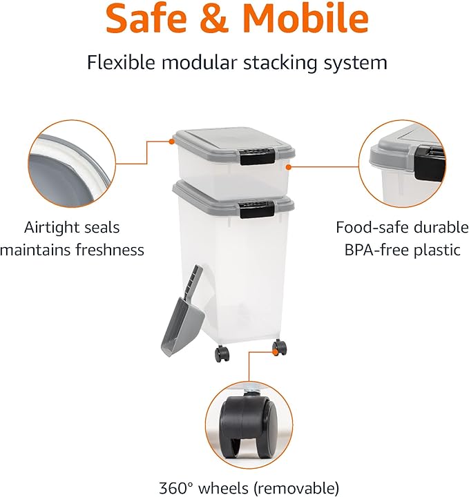 Amazon Basics 3-Piece Airtight Dog Food Storage Container Combo with Scoop, 33 QT + 12 QT