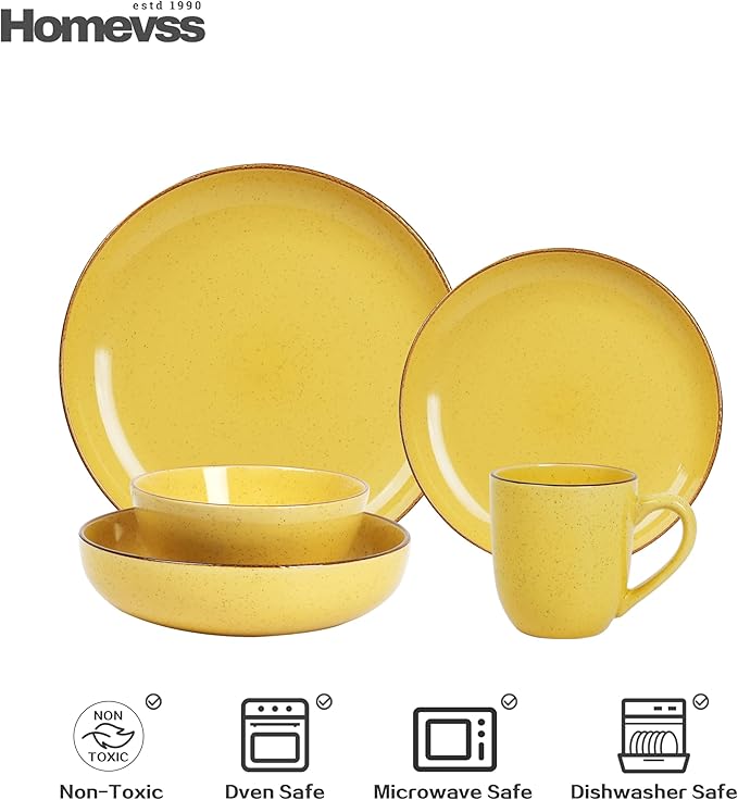 Eur-Nordic Shape Raising Rim 20pc Dinnerware Set, Shiny Glaze Yellow with Speckle Effect