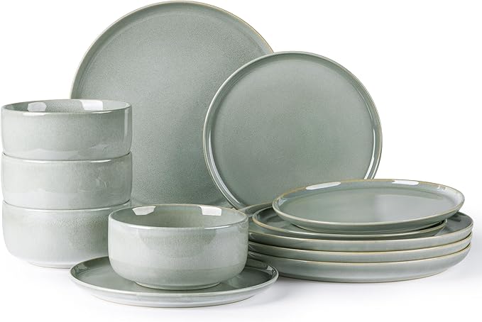 TheTerra Ceramic Dinnerware Sets for 4, 12 Pieces Handmade Reactive Glaze Plates and Bowls Set, Scratch Resistant Dish Set, Oven & Microwave & Dishwasher Safe, Sea Foam