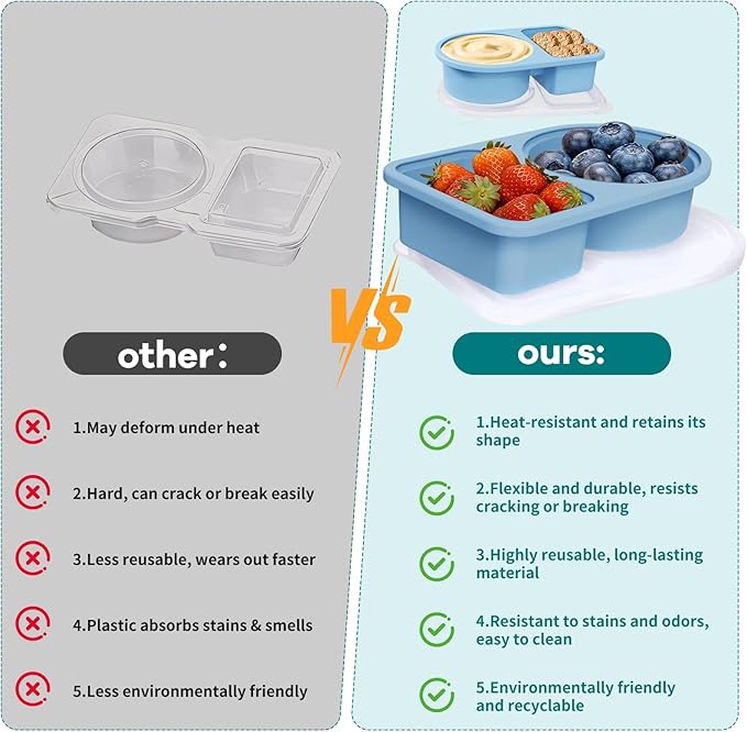 4 Pack Reusable Silicone Snack Containers with Semi-Transparent Lids, Small Leak-Proof 2 Compartment Condiment Container for Sauce, Fruit, Portable Food Storage Box for Office, Travel, Outdoors