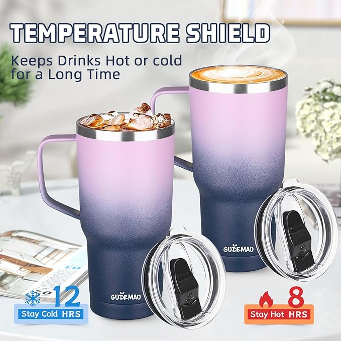 20 oz Insulated Coffee Mug with Ceramic Coating, Stainless Steel Travel Mug Tumbler with Handle Lid and Straw, Double Wall Leak-Proof Coffee Travel Mug Keeps Drink Hot and Cold (Purple blue)