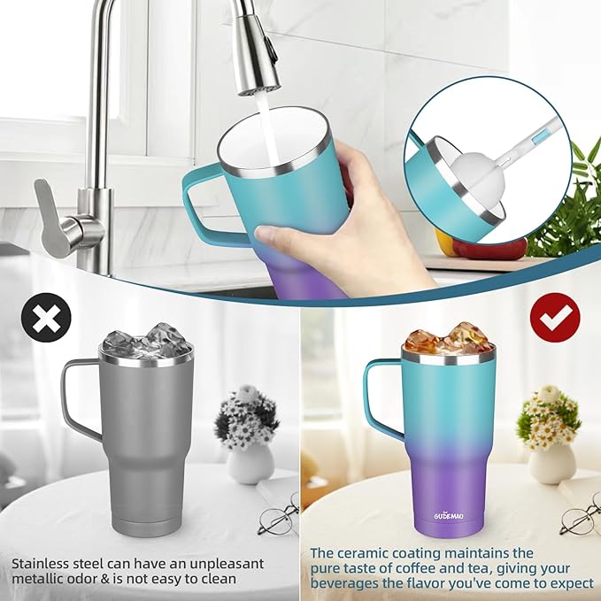 20 oz Insulated Coffee Mug with Ceramic Coating, Stainless Steel Travel Mug Tumbler with Handle Lid and Straw, Double Wall Leak-Proof Coffee Travel Mug Keeps Drink Hot and Cold (Azure Purple)