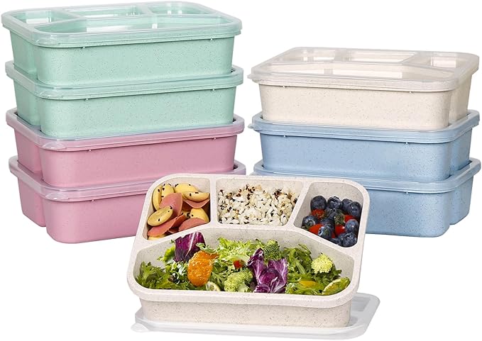 shopwithgreen 8 Pack Bento Lunch Box for Kids, 4 Compartment Meal Prep Lunch Containers for Adults, Reusable Microwave and Dishwasher Safe Food Storage Container for School Work Travel Camp, BPA Fre