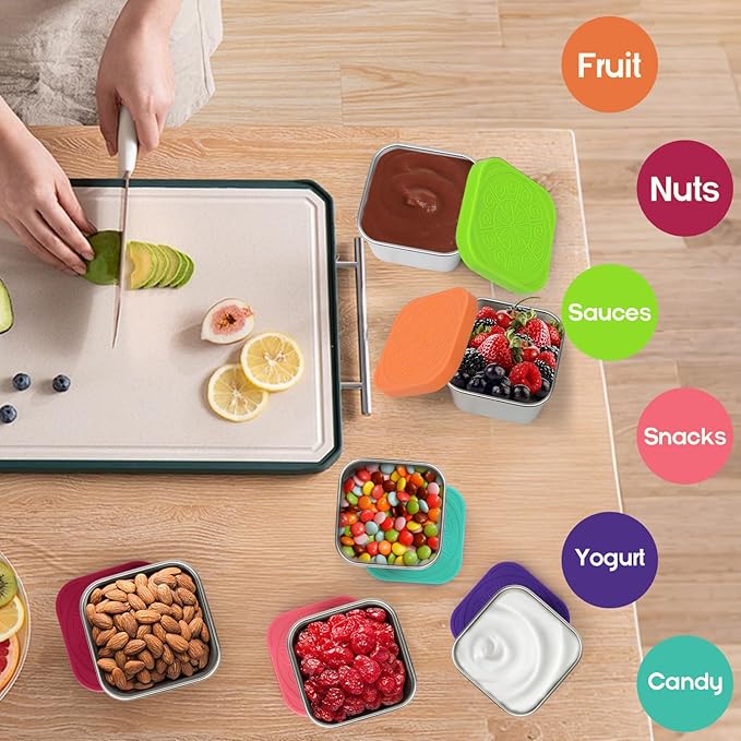 6 Pack 6oz Stainless Steel Snack Containers，304 food grade material,Easy-open, stackable, leak-proof snack containers with silicone lids are perfect for festival, school, and travel.