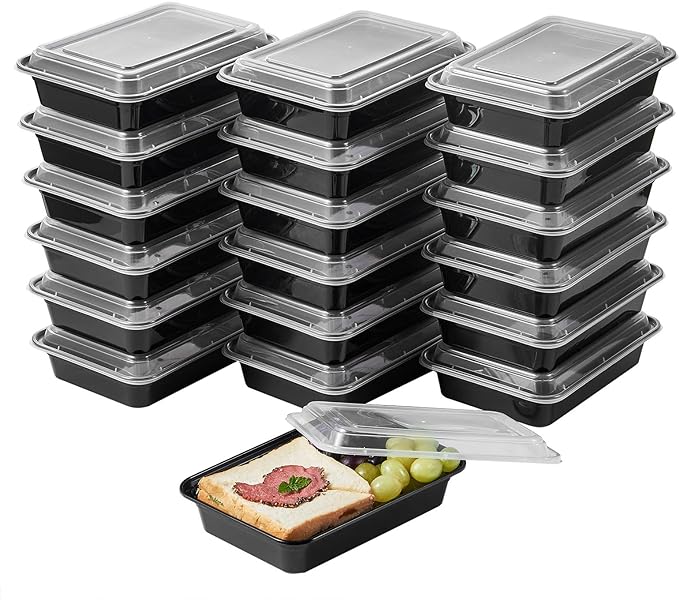 50 Pack Meal Prep Plastic Food Storage Containers With Lids 28 oz 1 Compartment Black Rectangular To Go Lunch Prepping Boxes BPA-Free Microwavable Freezer Safe Stackable (Formerly FULING)