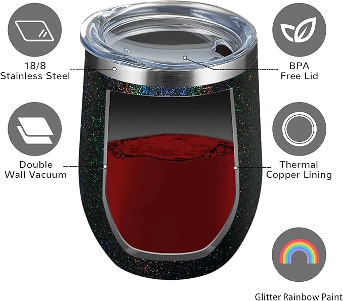 MEWAY Stemless 12oz Wine Tumbler Glasses with Lid -Insulated Double Wall Vacuum Stainless Steel Glitter Tumbler with Straw,for Woman Under 10 dollars(Rainbow Black,1)