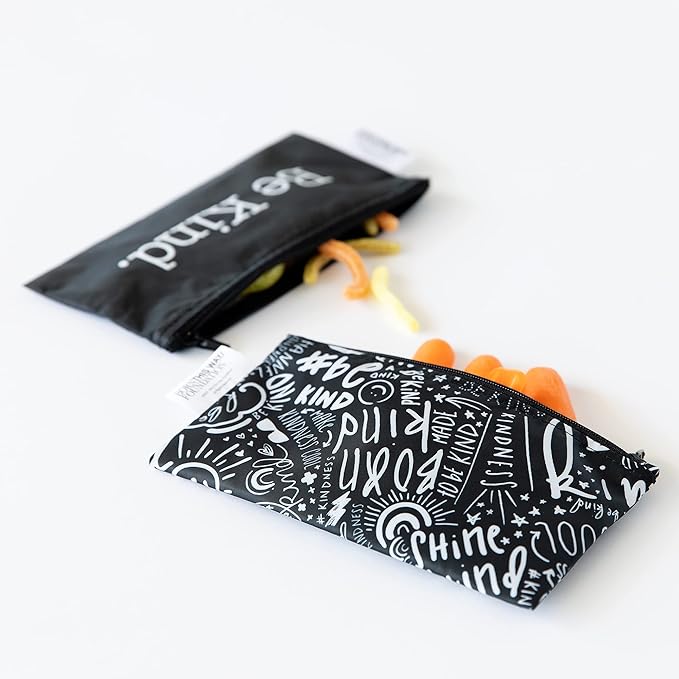 Bumkins Reusable Snack Bags, for Kids School Lunch and for Adults Portion, Washable Fabric, Waterproof Cloth Zip Bag, Supplies Travel Pouch, Food-Safe Storage, 2-pk Born This Way Be Kind