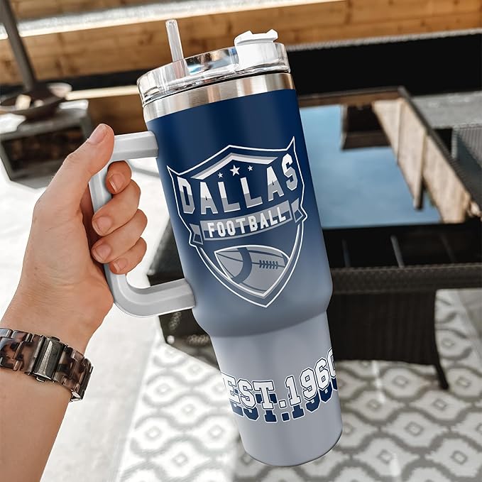 Custom Insulated 40oz Football Travel Cup with Handle & Straw, Stainless Steel Personalized Tumbler, Name & Number Mug, Sports Fan Gift for Men Women (Dallas)