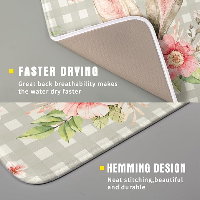 Spring Easter Dish Drying Mats for Kitchen Counter 16×18 Inch Cute Bunny Flowers Small Microfiber Drying Mat Kitchen Accessories Dish Rack Mat Drainer Pad Washable Absorbent