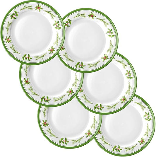6 Pcs Christmas Dinner Plates Xmas Tree Melamine Dinnerware Green Plates Xmas Wreath Dishes Holiday Tableware for Dessert Salad Appetizer Birthday Party(Christmas Wreath,10 Inches)