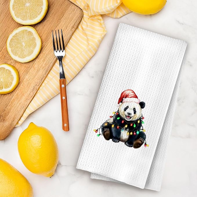 Christmas Panda Kitchen Towels, Panda Lover Gifts Dish Tea Towels for Kitchen, Holiday Xmas Light Santa Hat Pandas Decorative Hand Towel for Bathroom, 16x24 Inch