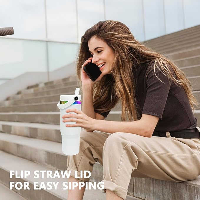 30 oz Tumbler Bulk with Handle and Straw, Vacuum Insulated Tumblers with Flip Straw and Top Handle, Leakproof Powder Coated Tumbler, Stainless Steel Travel Mug for Coffee Water (White, 4 Pack)