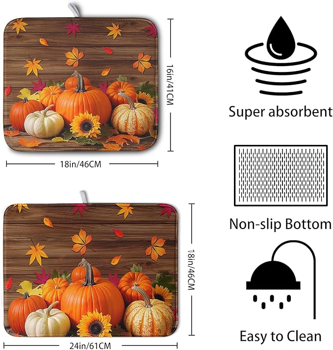 AutumnThanksgiving Pumpkin Dish Drying Mat for Kitchen Counter 18x24 Inch Fall Sunflowers Maple Leaves Harvest Kitchen Drying Mat Microfiber Super Absorbent Dish Rack Drainer Mat with Hanging Loop