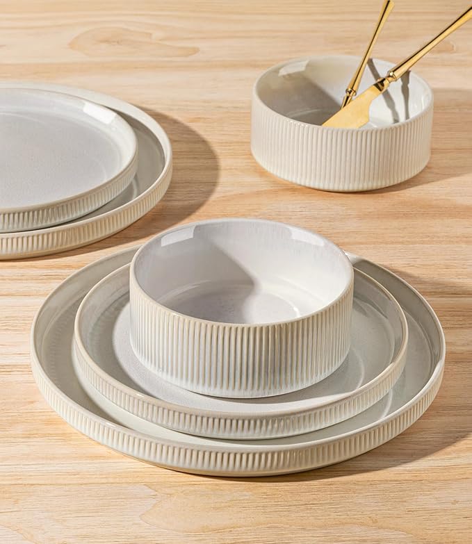 TheTerra Ceramic Dinnerware Sets for 8, 24 Pieces Porcelain Lightweight Plates and Bowls Sets, Scratch Resistant Dish Set, Oven & Microwave & Dishwasher Safe, Reactive White