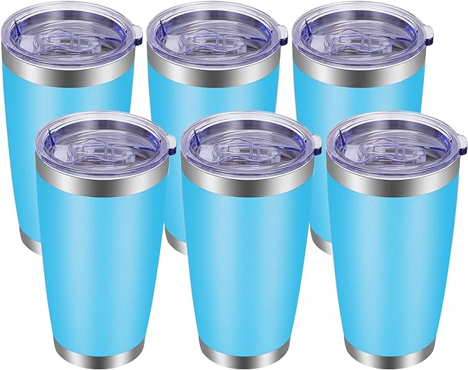 VEGOND 20oz Tumbler with Lid and Straw Stainless Steel Tumbler Cup Bulk Vacuum Insulated Double Wall Travel Coffee Mug Powder Coated Coffee Cup(Sky Blue 6 Pack