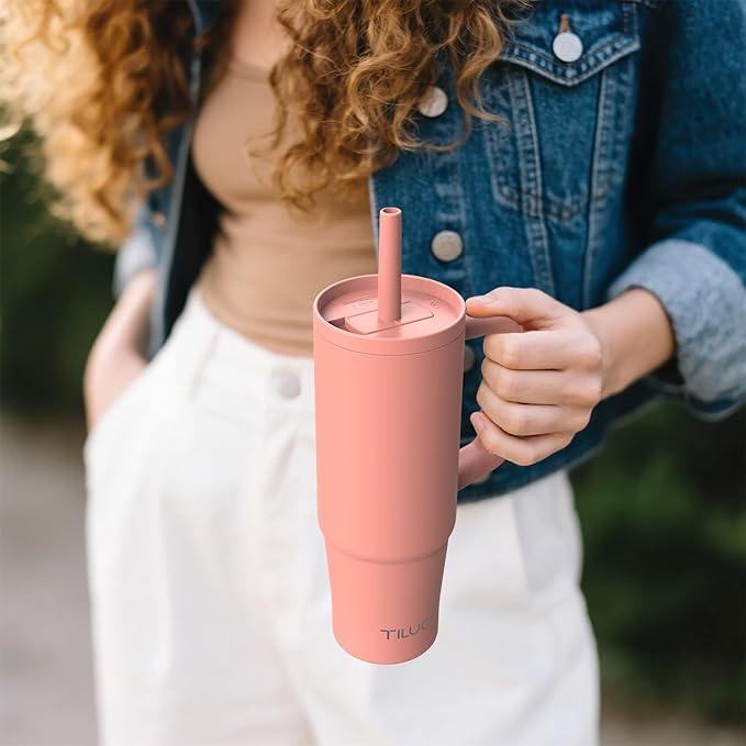 TILUCK 30 oz Tumbler with Handle, Vacuum Insulated Stainless Steel Travel Mug with 100% Leak-Proof Silicone Straw Lid, Cupholder Friendly Water Bottle(CoralRed, 30oz)