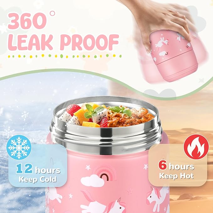 10oz Soup Thermo for Hot Food Kids Insulated Food Jar with Spoon Wide Mouth Stainless Steel Lunch Container Leak Proof Vacuum Food Box for School Travel Picnic Pink Unicorn