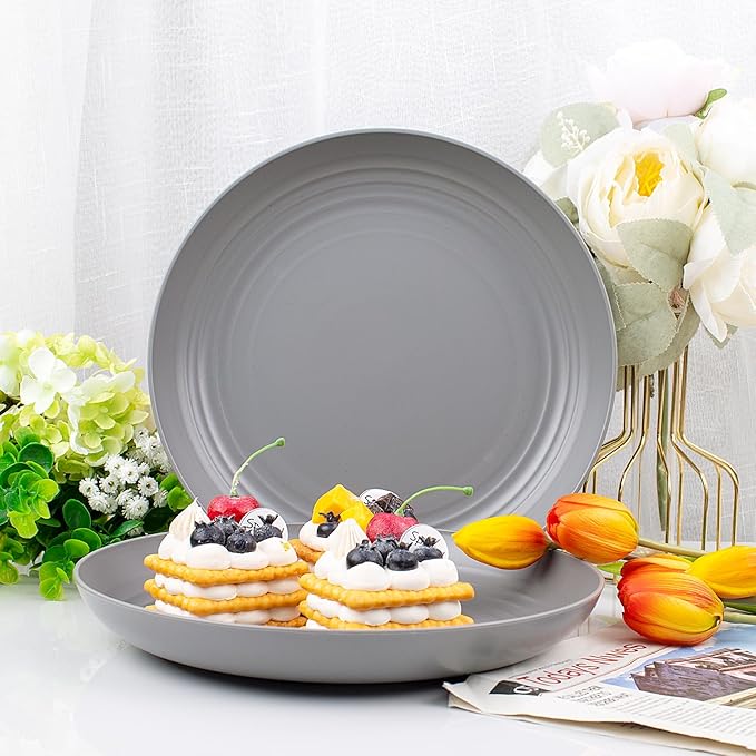 supernal 16pcs Dark Grey Wheat Straw Plates, Deep Dinner Plastic Plates, Reusable Plate, 10 inch Unbreakable Plate Set for Picninc, Camping, Lightweight Microwave Dishwasher Safe
