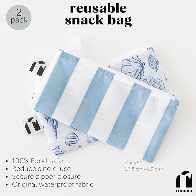 Roamio Reusable Snack Bags, for Kids School Lunch and for Adults Portion, Washable Fabric, Waterproof Cloth Zip Bag, Supplies Pack Travel Pouch, Food-Safe Storage, 2-pk Nautical Stripe and Blue Shells