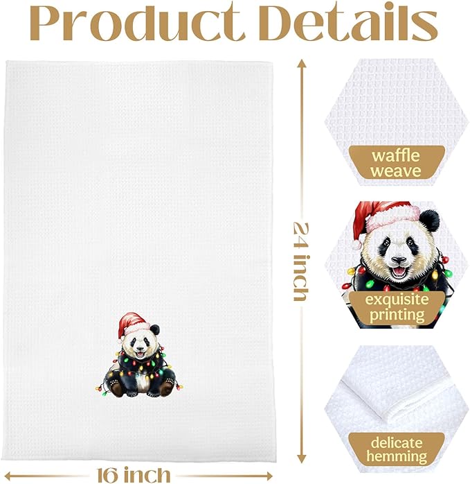 Christmas Panda Kitchen Towels, Panda Lover Gifts Dish Tea Towels for Kitchen, Holiday Xmas Light Santa Hat Pandas Decorative Hand Towel for Bathroom, 16x24 Inch