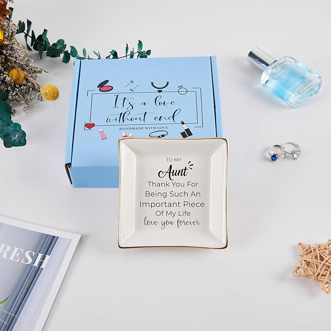 Aunt Gifts - Jewelry Dish Trinket Tray for Auntie Birthday, Christmas, Mother's Day & Valentines from Niece or Nephew