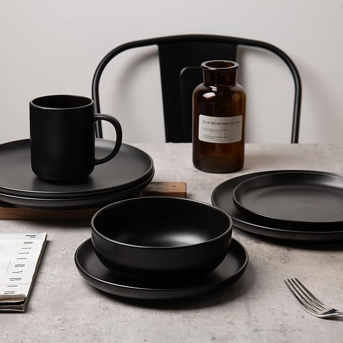 12-Piece Matte Black Dinnerware Set,Stoneware Dinnerware for 3, Microwave & Dishwasher Safe, Stackable Design for Kitchen and Dining - Plates,Bowls and Mugs