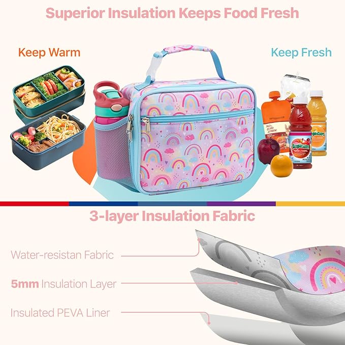 Bagseri Lunch Bag for Girls - Kids Lunch Box Insulated Leak-Proof and Reusable Lunch Box for Girls Toddler Lunch Bag for Daycare and School, Pink Rainbow (Water Bottle Not Included)