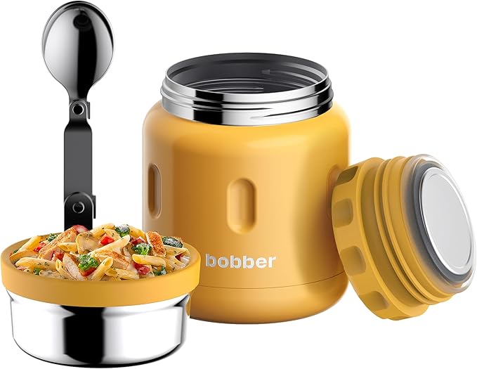 BOBBER 16 oz Insulated Stainless Steel Food Jar with Extra-Wide Mouth, Built-in Spoon & Bowl - Keeps Hot for 10 Hours and Cold for 15 Hours - Leakproof Lunch Thermos for Adults (Orange)