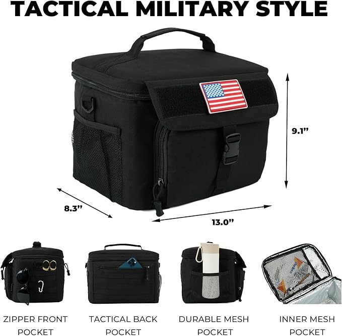 Ronyes Tactical Lunch Box for Men,Large Insulated Lunch Bag with Shoulder Strap,Heavy Duty lunchbox Cooler MOLLE Webbing, Leakproof Pail for Work Camping Fishing-Black
