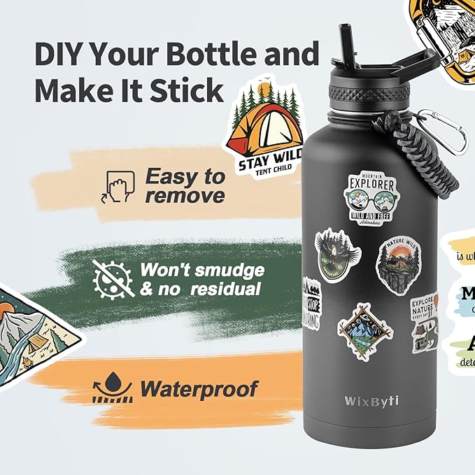 87 oz Insulated Water Bottle with Straw (Cold for 48 Hrs), Half Gallon Stainless Steel Triple Wall Vacuum Sports Water Jug, Leakproof Hydro Cup Flask with Straw Spout Lids & DIY Stickers