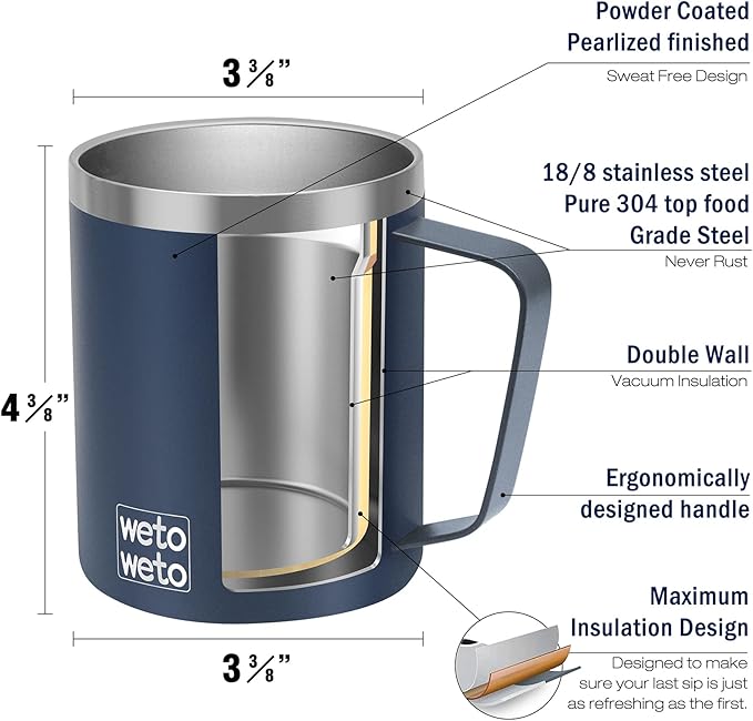 WETOWETO 14 oz Coffee Mug, Vacuum Insulated Camping Mug with Lid, Double Wall Stainless Steel Travel Tumbler Cup, Coffee Mugs Outdoor, Powder Coated Navy Blue Set of 2