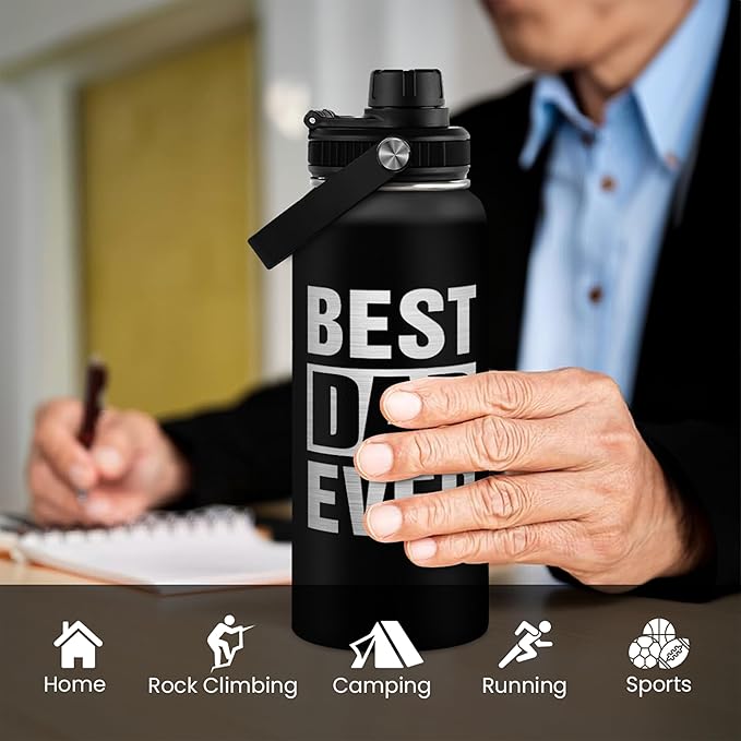 Best Dad Ever Water Bottle 32oz - Stainless Steel Insulated Sports Bottle with Straw Lid, Gifts for Father from Daughter Son