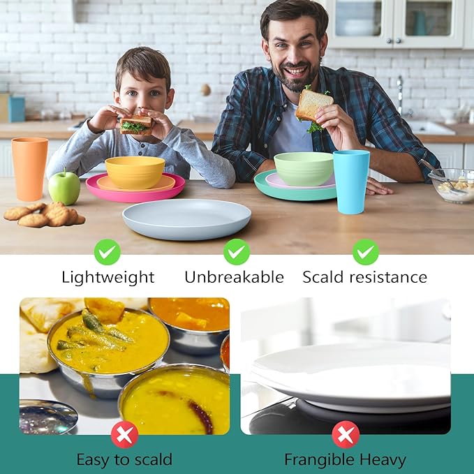 Teivio 32-Piece Kitchen Plastic Wheat Straw Dinnerware Sets, Service for 8, Dinner Plates, Dessert Plate, Cereal Bowls, Cups, Unbreakable Outdoor Camping Dishes Set,Colorful Hues