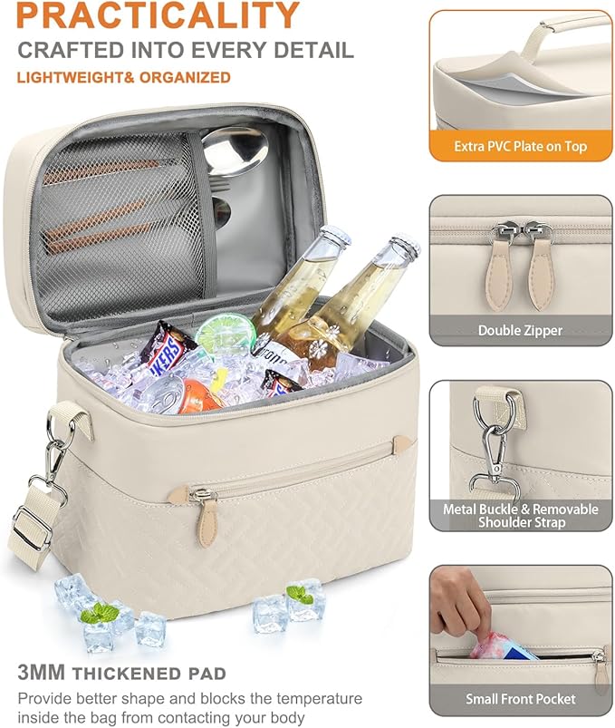 Capolo Lunch Box for Women Men Adults,Insulated Lunch Bag Leakproof Lunch Cooler Box with Removable Strap Cute Lunch Tote Bags Reusable Thermal Lunchbox for School Work Picnic(Small,Beige)