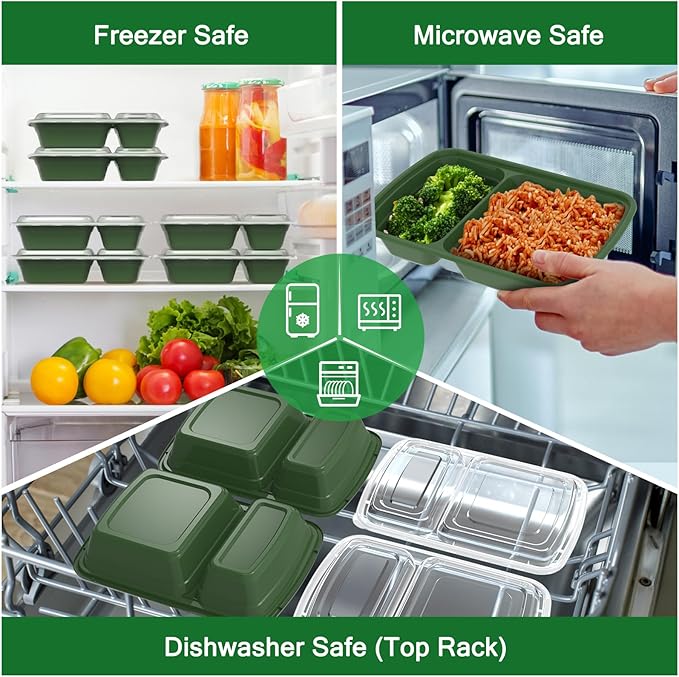 50 Pack (100-Piece) 28 oz Meal Prep Containers Reusable with Lids 2-Compartment, Sturdy Leakproof Food Safe, Microwave Freezer Dishwasher Safe, To Go Take Out Plastic Food Storage, Green