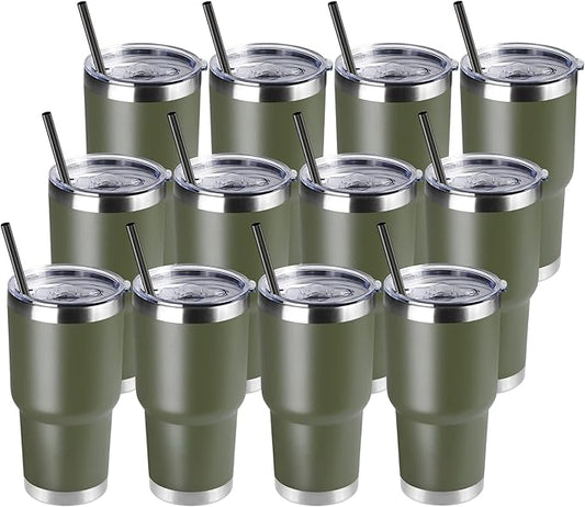 DOMICARE 30 oz Tumbler with Lid and Straw, Stainless Steel Tumblers Bulk, Insulated Vacuum Double Wall Travel Coffee Mug, Durable Powder Coated Tumbler Cups (Army Green, 12)