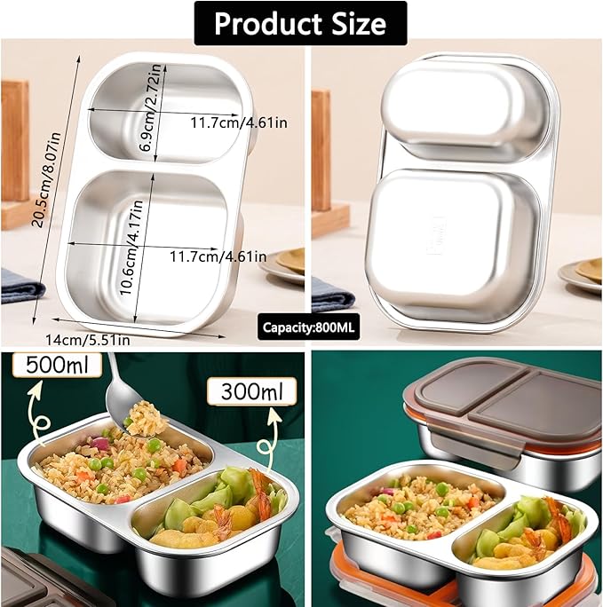 Stainless Steel Snack Box Containers, Reusable 2 Compartment Condiment Box with Lids, Food Container Sauce Cups, Divided Food Storage Containers for Home and Travel (Black)