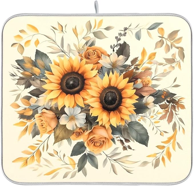 Sunflower Leaf Flower Dish Drying Mat for Kitchen Counter Absorbent Dish Drainer Mats Drying Pads 16"x18"