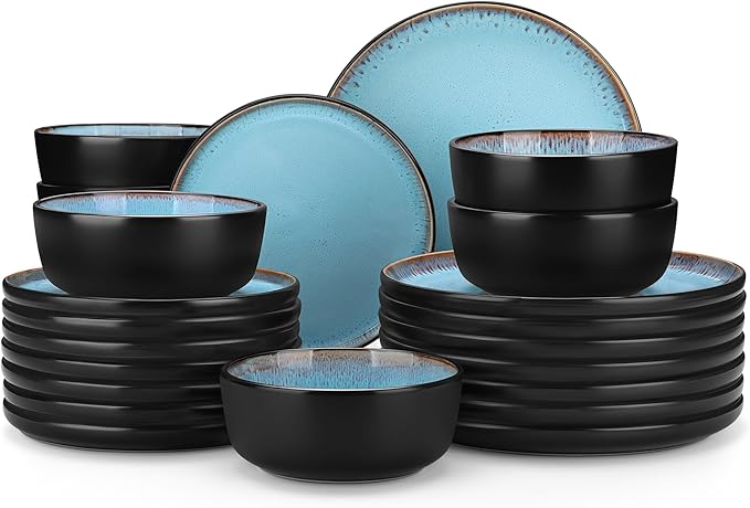 vancasso Plates and Bowls Sets, 24 Pieces Stoneware Dinnerware Sets for 8, Kitchen Dish Set Mircowave and Dishwasher Safe Dinner Set Ceramic Dishware, Sky Blue, Series AMBER