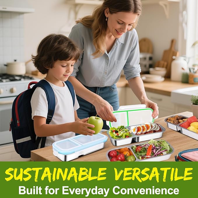 2 Pack Stainless Steel Snack Containers with Lids - Reusable 2 Compartment Snackle Box Container Divide Wet Dry Leakproof Metal Food Storage Containers for School, Home, Travel (Blue + Green)