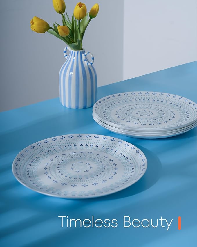 10.5 inch Dinner Plate Set of 6, Lightweight Round Opal Glass Dinnerware Plates, Dishwasher and Microwave Safe, Navy Geometric Floral Mandala Pattern